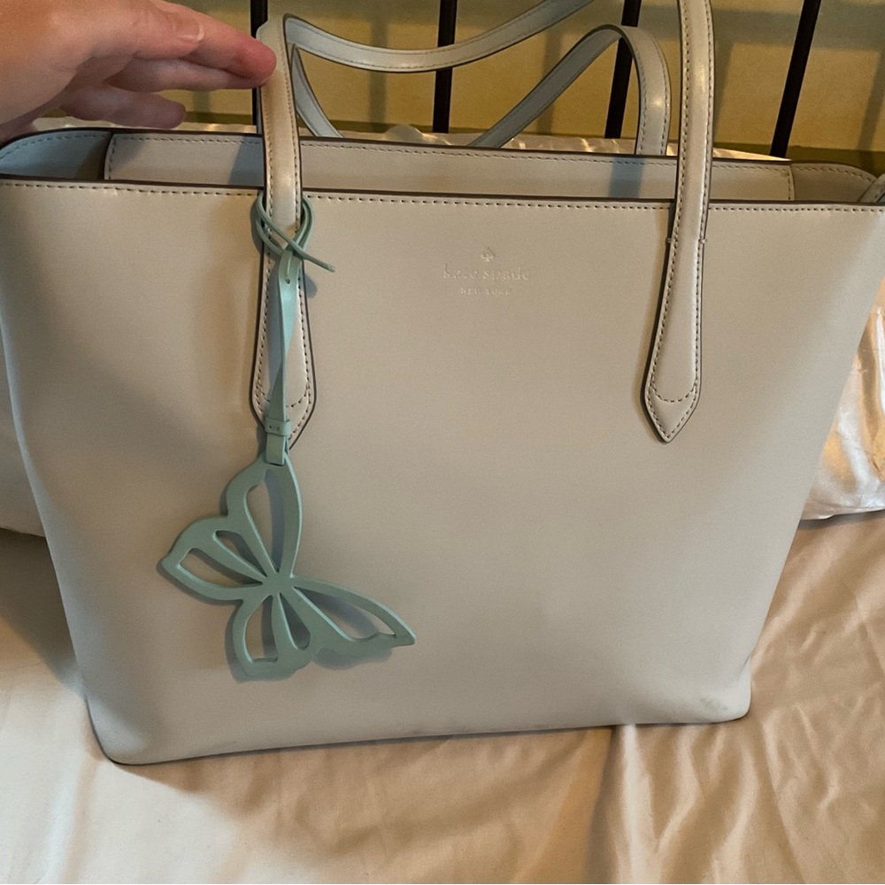 Kate Spade Light Gray Tote with Teal Butterfly Accent